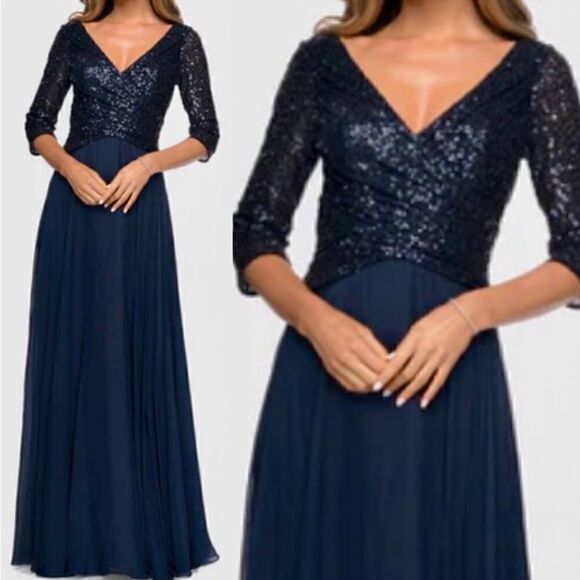LA FEMME Long Chiffon Evening Gown Sequined Bodice Size 8 NWT